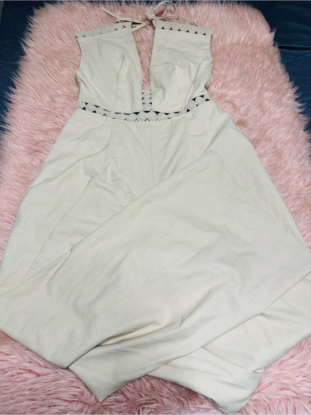 NWT EB LUXE Linen Halter Plunging Wide Leg Jumpsuit Beige L